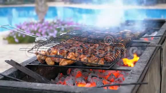 鸡串是在一个大烤架上由一个厨师在酒店的游泳池用蓝色的水煮的埃及视频的预览图