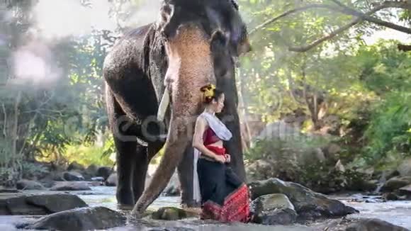 泰国小溪里有大象的亚洲女人视频的预览图