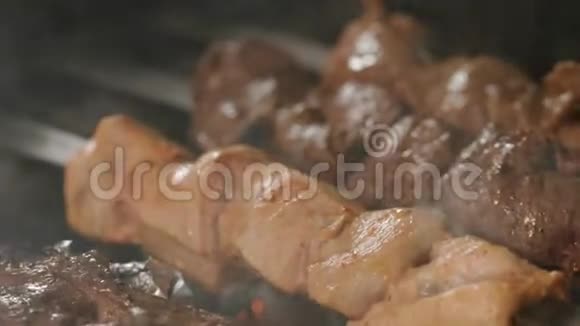 从不同种类的肉中取出的肉串用串串用木炭煮熟视频的预览图