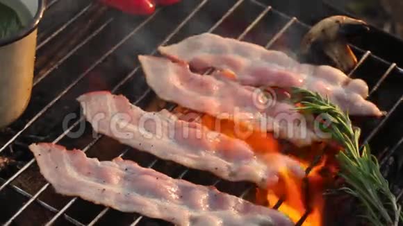 熏肉在烤架上燃烧火焰烤架视频的预览图