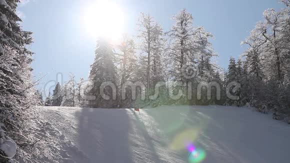 一名滑雪者用太阳耀斑滑下山坡视频的预览图