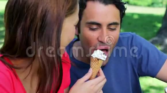 微笑的夫妇坐在草地上吃冰淇淋视频的预览图