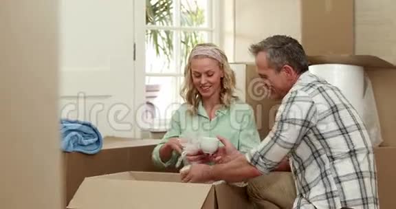 成熟的夫妇从盒子里拿杯子视频的预览图