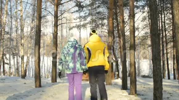在冬季公园散步的夫妇视频的预览图