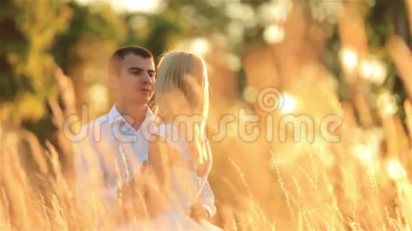年轻漂亮的新婚夫妇在草地上轻轻地接吻背景下美丽的日落视频的预览图