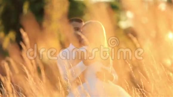 年轻漂亮的新婚夫妇在草地上拥抱背景下美丽的日落视频的预览图