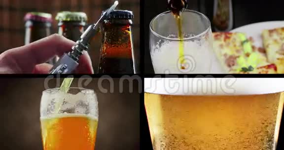 多画面场景包括倒酒喝饮料和特写新鲜啤酒生活方式和放松概念视频的预览图