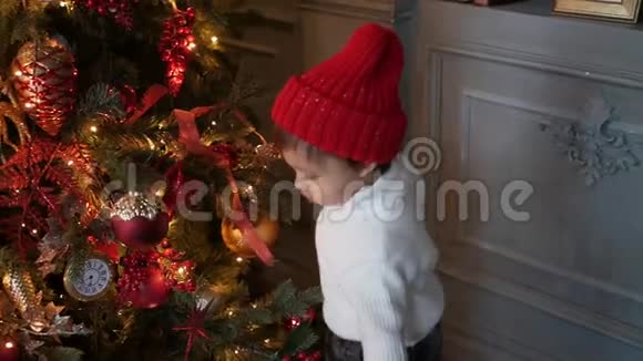 穿着白色针织毛衣的孩子站在圣诞树上戴着花环视频的预览图