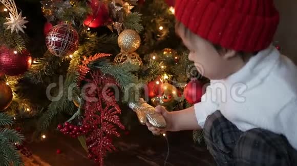 穿着白色针织毛衣的孩子站在圣诞树上戴着花环视频的预览图