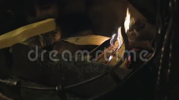 冰冷的手在壁炉旁温暖温暖舒适的火壁炉里燃烧的火舒适的背景射击4K视频的预览图