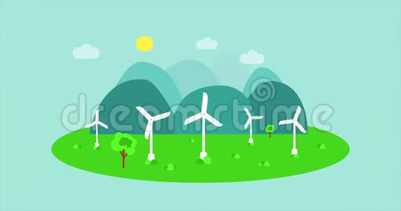 风力涡轮机或风力发电机在行动卡通动画视频现代风车风能视频的预览图