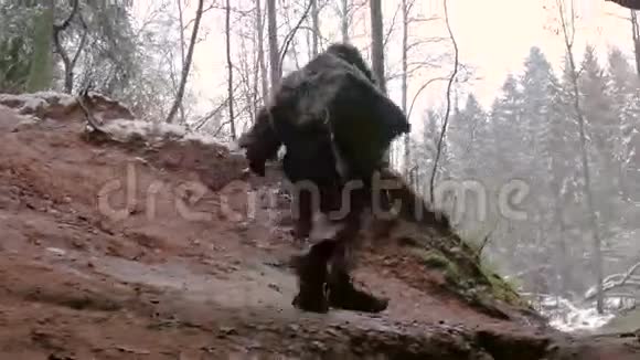 史前穴居人在冬林的背景下走出洞穴视频的预览图
