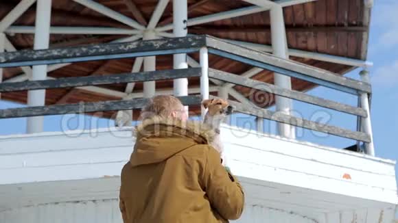 人类在灯塔的背景下抱着他的狗杰克罗素视频的预览图