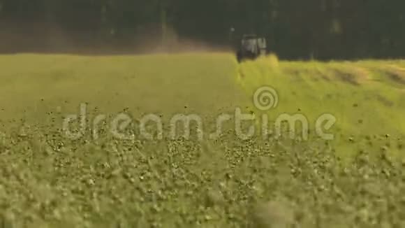 夏季收获期间的亚麻场正在运行的农业机械视频的预览图