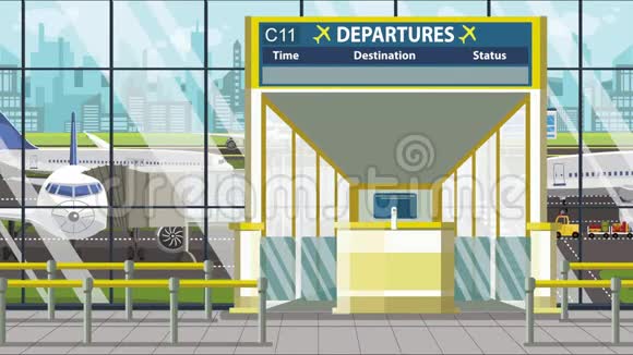 机场候机楼登机口上方有巴士拉的文字前往伊拉克循环卡通动画视频的预览图