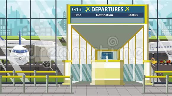 机场航站楼的离港板上有陈奈字幕印度循环卡通动画旅行视频的预览图