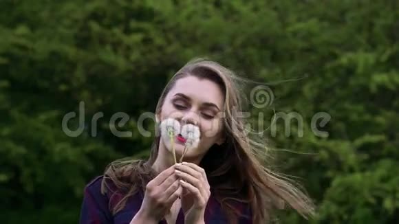 快乐的女孩在花园里吹着花束蒲公英慢动作视频的预览图