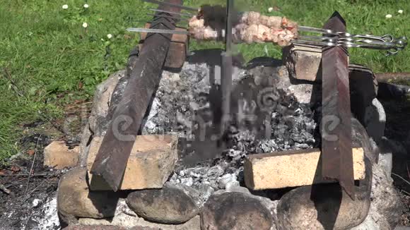 双手带着手套把鱼放在箔纸里放进热烟壶里肉放在复古壁炉里的烤串上4K视频的预览图