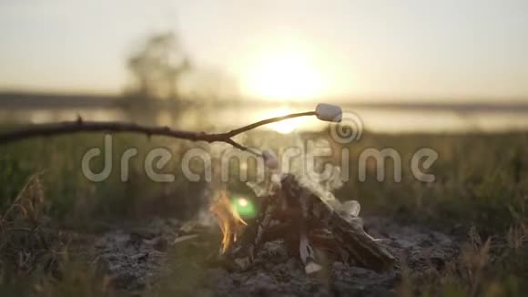 日落时分在海滩上的篝火上烤棉花糖视频的预览图