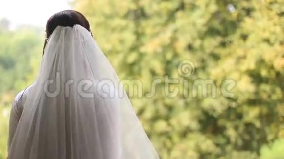 新娘戴着长长的婚纱站在露台上欣赏风景视频的预览图