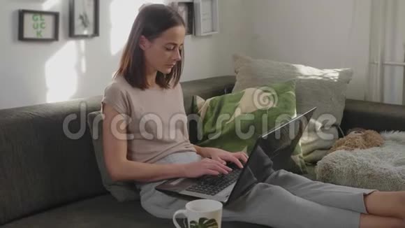 年轻女子坐在沙发上在笔记本电脑上工作视频的预览图