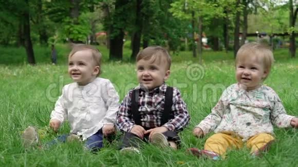 三个孩子在草地上花瓣从树上飘落下来动作缓慢视频的预览图