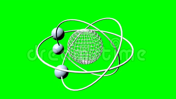 线框行星模型有三个轨道和三个卫星卫星绿色屏幕上的幻想科学动画绿色视频的预览图