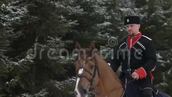 男人骑马骑着一匹棕色的大马在美丽的雪冬景观中男性骑手优雅大方视频的预览图