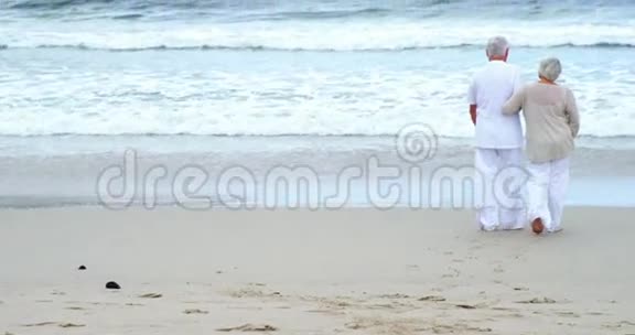 年长夫妇在海滩上散步视频的预览图