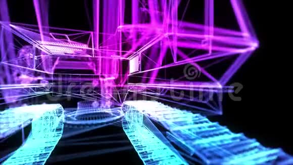 发光蓝光粒子点和线形成挖掘机机器模型三维虚拟空间中的运动动画视频的预览图