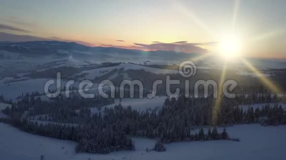 日出时飞越喀尔巴阡山冬季乡村景观从一个高度雪的空中景色视频的预览图