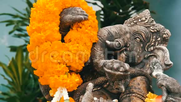 大象的雕像在花中近景象象征泰国佛教宗教和象征视频的预览图