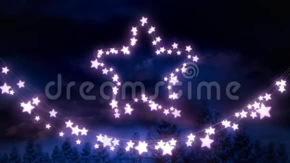 蓝色背景上闪烁的星星和一串仙灯视频的预览图
