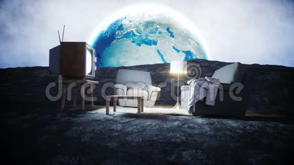 月亮上的客厅活在月球上的概念地球背景三维渲染视频的预览图