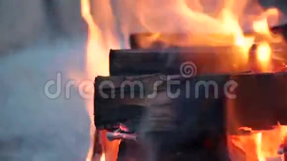 关闭在篝火上燃烧的原木视频的预览图