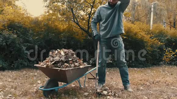 花园工人在寒冷的天气里用耙子耙干花园里的树叶视频的预览图