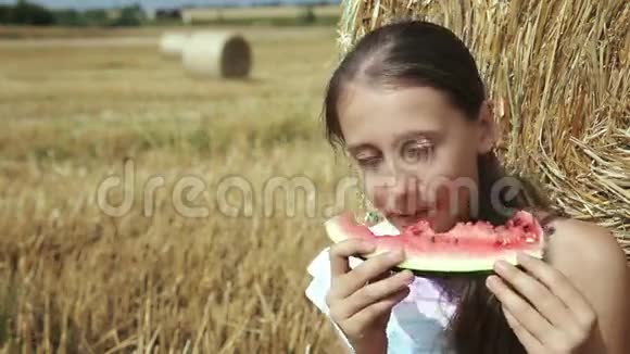 女孩在干草堆附近吃西瓜视频的预览图