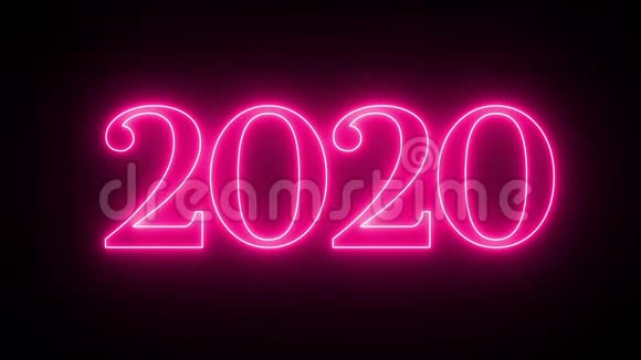 新年快乐2020霓虹灯标志绿色粉红色蓝光闪烁黑色背景视频的预览图
