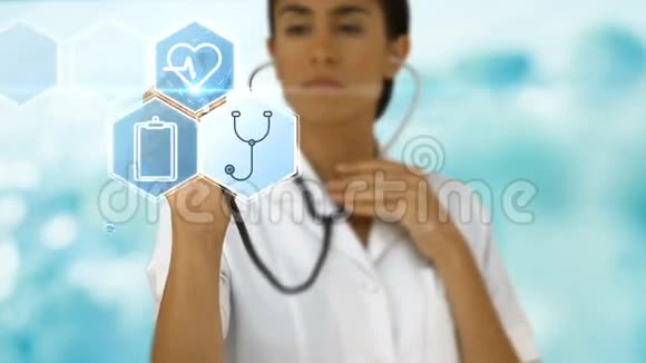 使用听诊器显示医学矢量图标的女医生视频的预览图