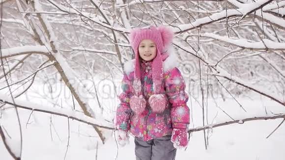 小女孩在树枝上摇摆白雪覆盖视频的预览图