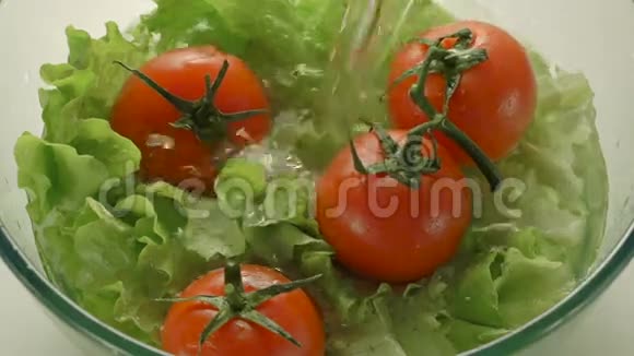 一碗水中加入番茄的新鲜绿色沙拉视频的预览图