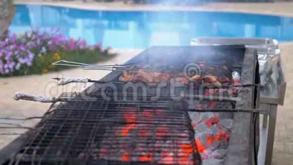 鸡烧烤是由一位厨师在酒店的游泳池边用蓝色的水煮制的埃及视频的预览图