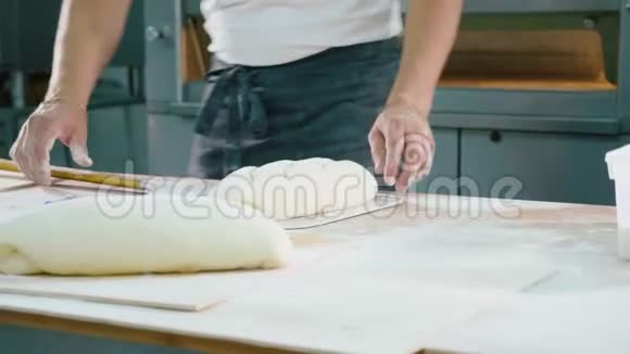专业面包师把生面包放到商业厨房的烤箱里视频的预览图