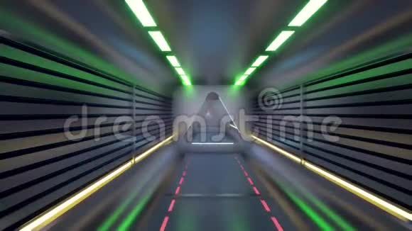 金属隧道上灯光背景进行游戏背景设计未来宇宙飞船内部走廊空间内部视频的预览图