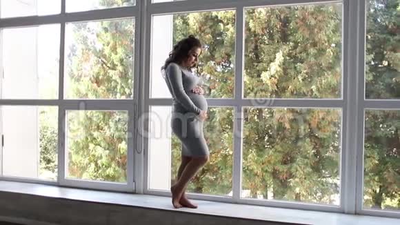 一个穿着漂亮灰色裙子的孕妇站在窗边抚摸着肚子视频的预览图