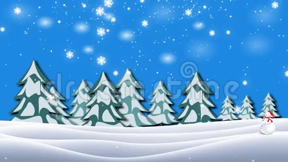圣诞动画雪人在神奇的森林中穿过冬天的风景背景上雪花飘落白雪公主视频的预览图