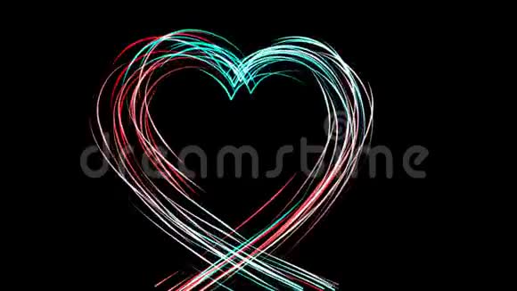 心脏符号是用彩色的明亮线条绘制的是爱情和浪漫的象征是彩色粒子的运动和动画视频的预览图