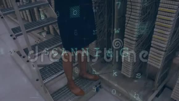 女性在电脑服务器上工作而警告信息出现在前台视频的预览图