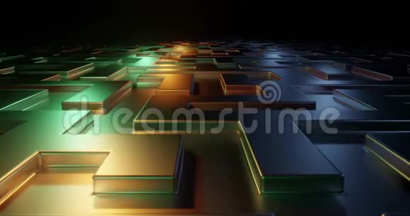 3D渲染循环背景动画飞过一块块闪亮的金属形状迷宫微芯片块和路径视频的预览图