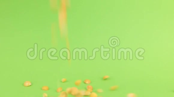 在绿网上的豌豆堆上掉落的谷物豌豆视频的预览图